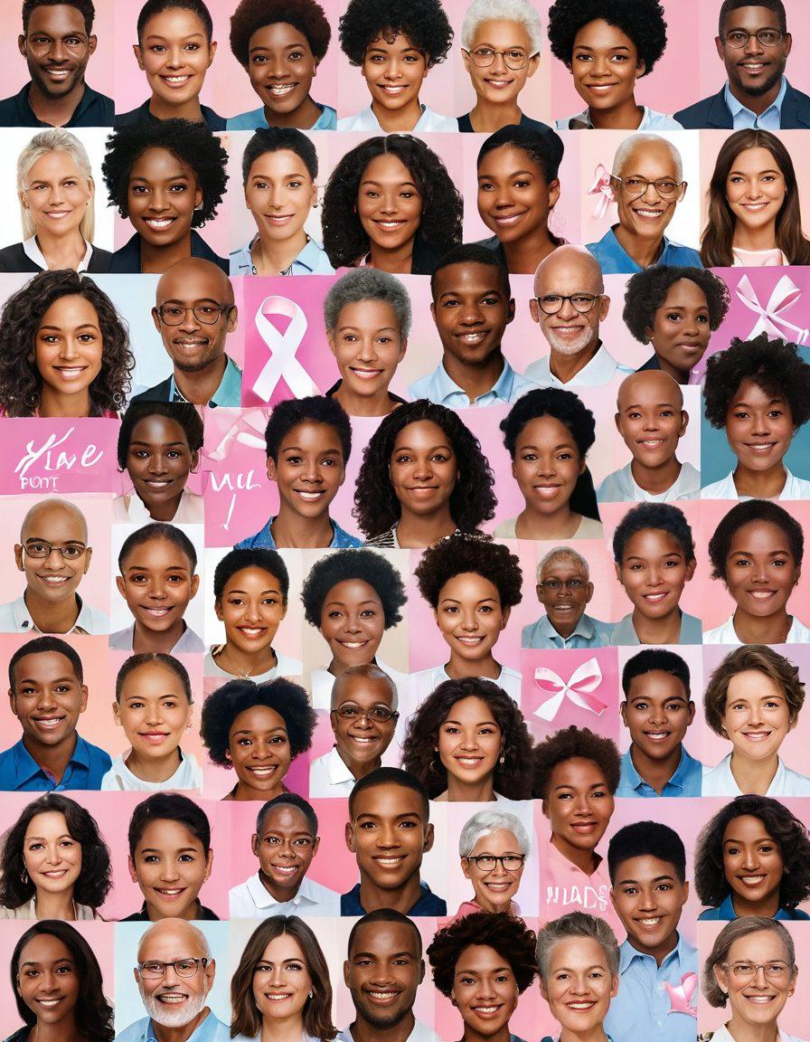 A collage of diverse individuals of various ages and backgrounds, displaying hope and resilience, with soft light illuminating their faces. In the background, symbolic elements like a pink ribbon, supportive community gatherings, and innovative technology against cancer. The overall tone is uplifting, capturing the essence of empowerment and support. vibrant colors. super-realistic.