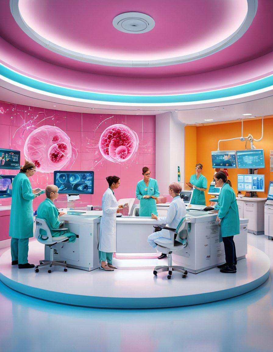 A modern oncology clinic bustling with activity, showcasing doctors collaborating over high-tech research, patients receiving cutting-edge treatments, and families engaging in supportive activities. Include visual elements of advanced medical technology, colorful infographics depicting cancer research, and a warm, welcoming atmosphere. super-realistic. vibrant colors. 3D.